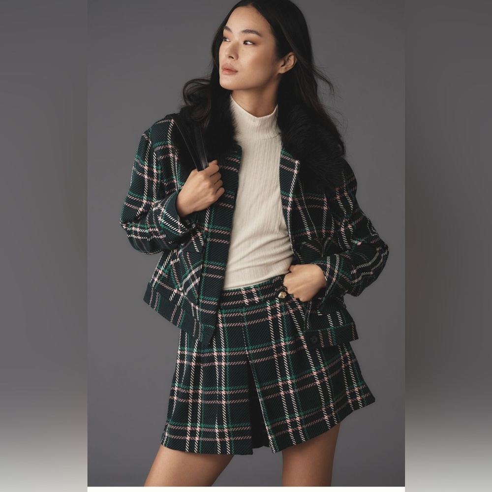 NEW Anthropologie Plaid Faux Fur Coat Size Large